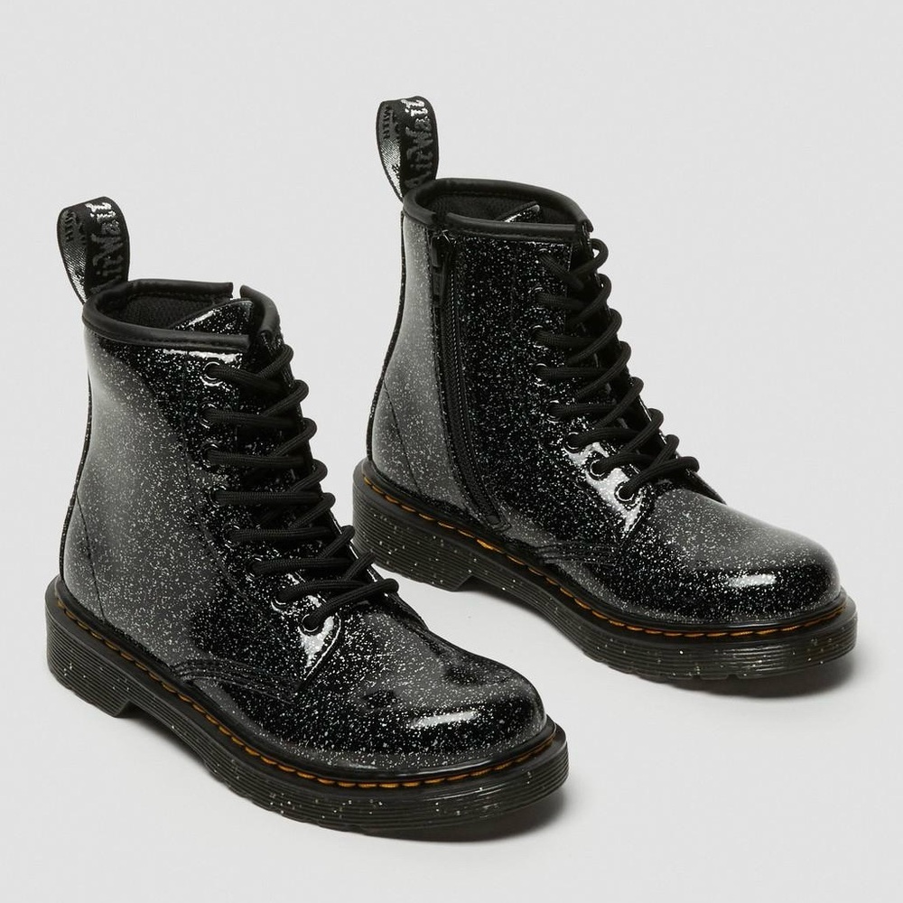 $75 Dr. Martens Junior 1460 Black Cosmic Silver Glitter Lace Up Zipper Boots 2